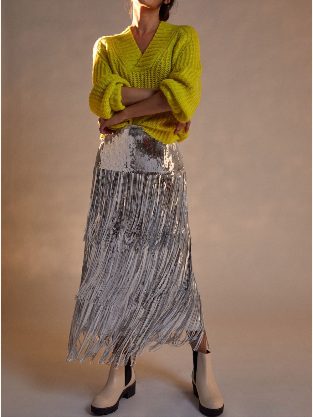 Anthropologie Maeve Tatiana Sequined Fringe Midi Skirt Silver Embellished Sz 0